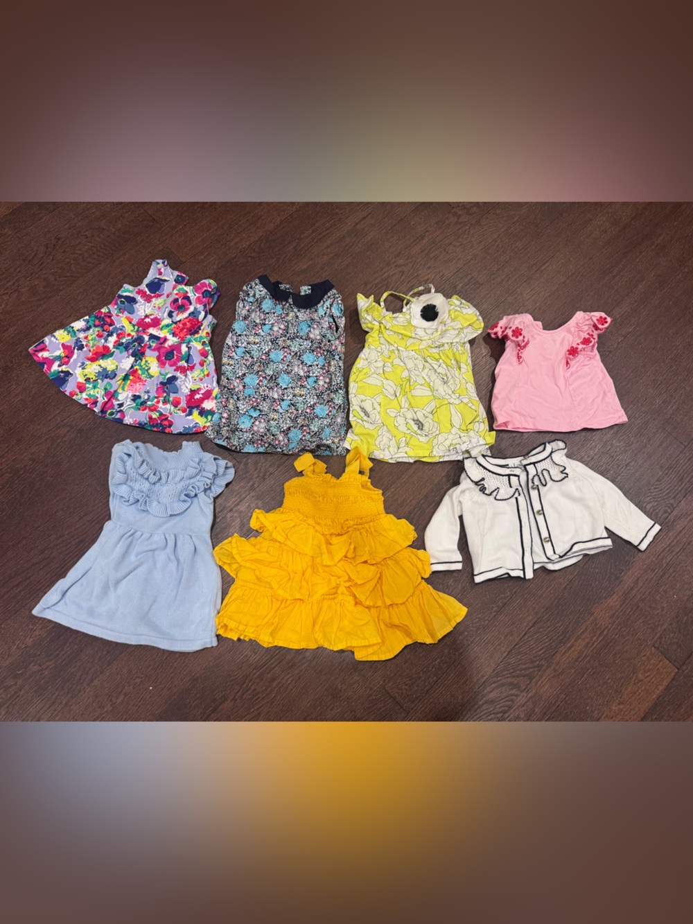 Lot of 7 Janie & Jack baby girl items - 5 dresses, 1 top, 1 cardigan - 3-6 mos